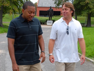 Wynton and John Besh while shooting Iconoclasts episode in New Orleans